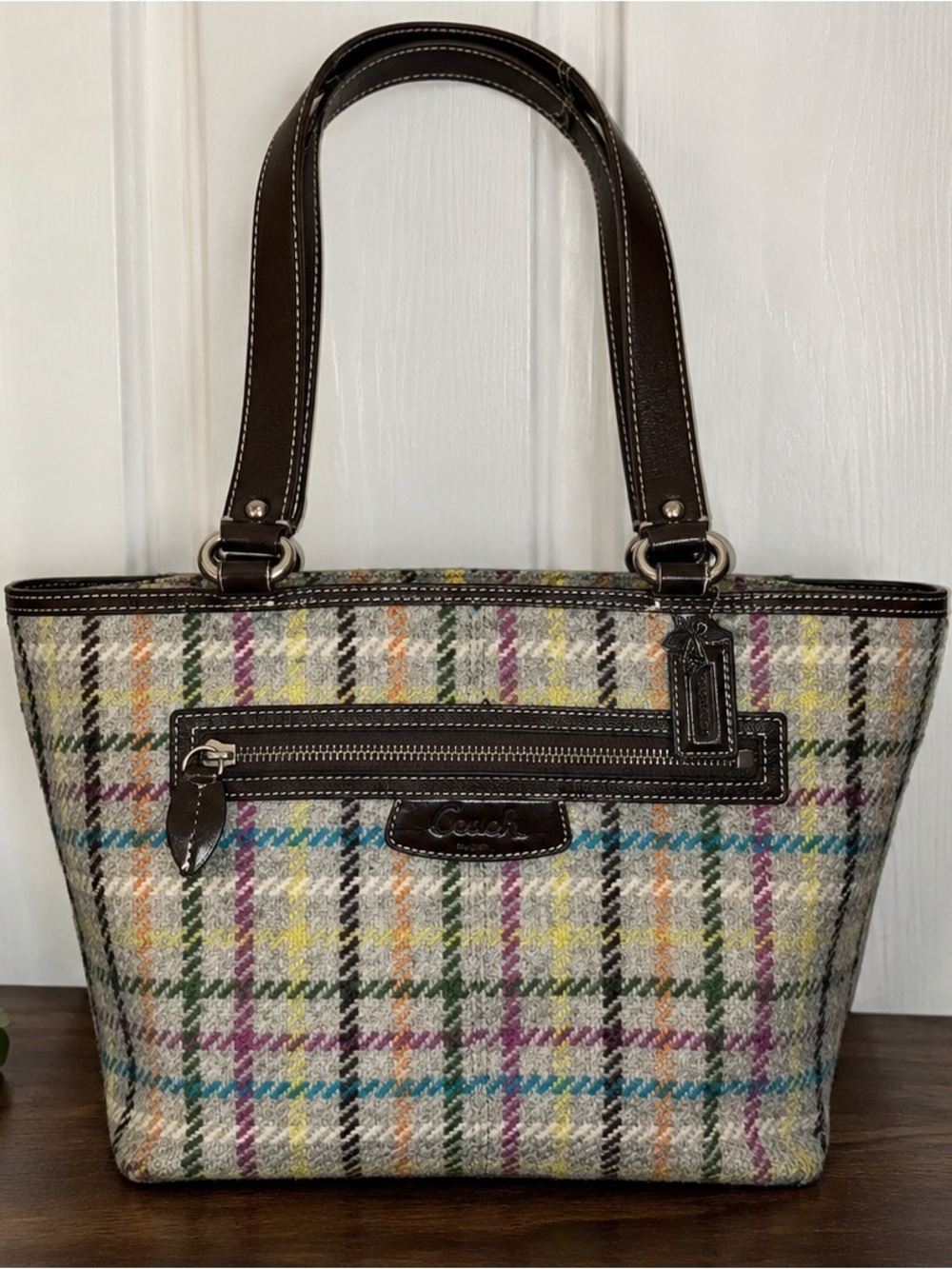Coach Tattersal Plaid Tote with Brown Leather Trim